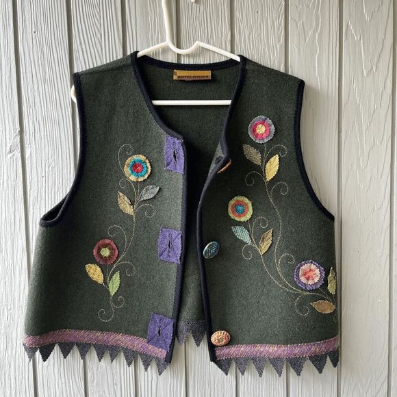 Jennifer Sly Kirk Artclothes 100 % Wool Vest M/L Handmade Buttons, Floral Appliq - Picture 12 of 12
